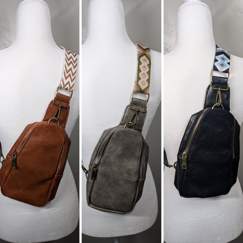 Vegan Leather Crossbody Bag | Adjustable Guitar Strap- 5 color options - Picture 2 of 11